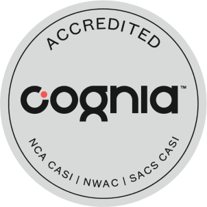 Sello de acreditación Cognia con distintivo "Accredited" para instituciones educativas certificadas
